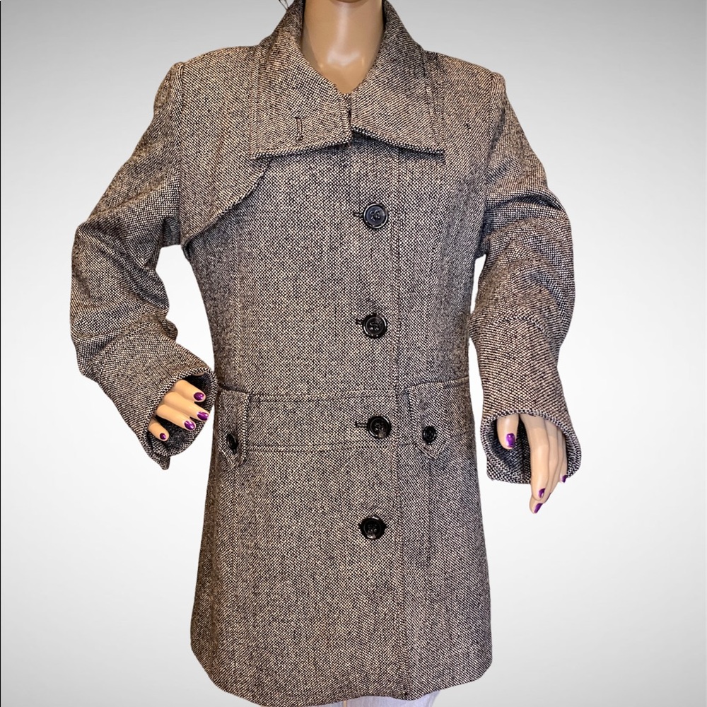 Guess Black and White Tweed Wool Blend Lined Dress Pea Coat Peacoat Sz Large VGC - Picture 1 of 6